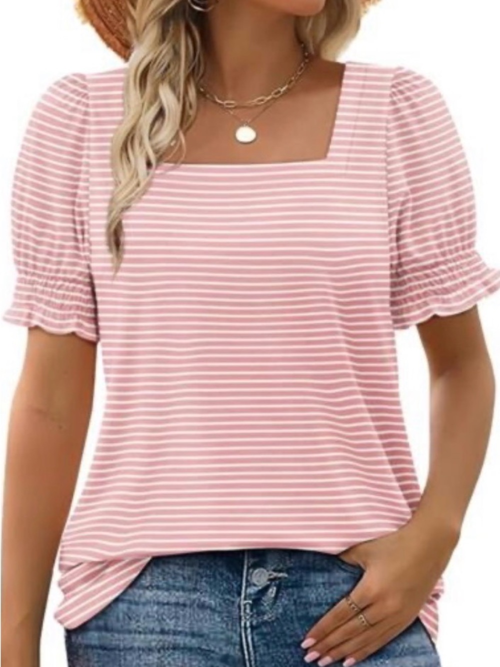 Striped Square-Neck Pink Puff Sleeve Tee